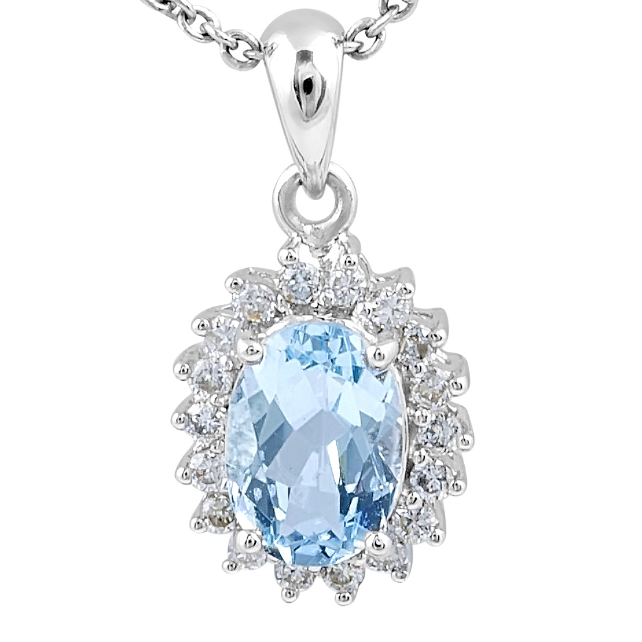 Aquamarine Diamond Halo Pendant in 18 Karat White Gold
