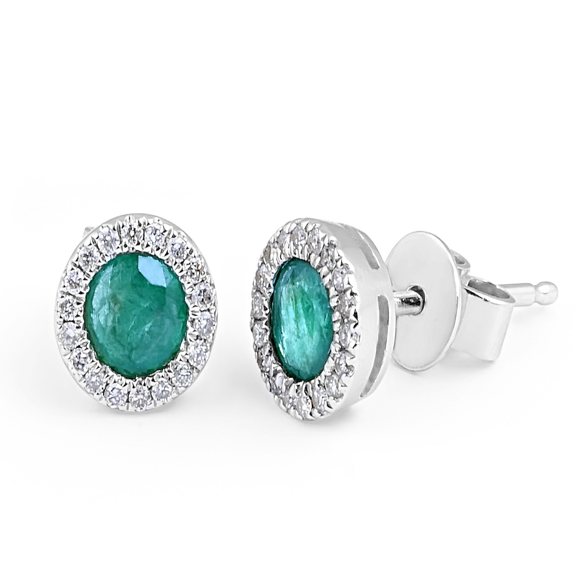 Emerald Diamond Halo Stud Earring in 14 Karat White Gold